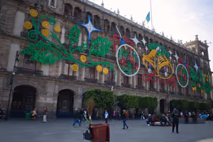 Christmas decorations lined the large central courtyard