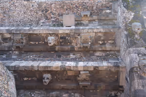 Motifs of snakes, conchs, shells, and various repeated patterns on the façade