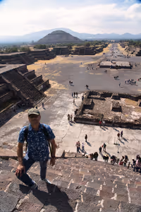 A full view of the 'Avenue of the Dead', and the pyramid of the Sun from the top of the accessible steps on the Pyramid of the Moon.