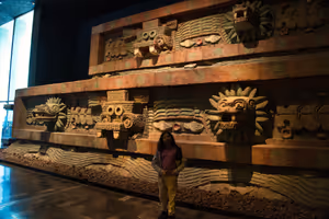 A fuller view of the reproduction of the Quetzalcoatl temple pyramid façade