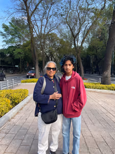 Aarav and Amma. The walkways in the middle of roadways were often quite pretty.