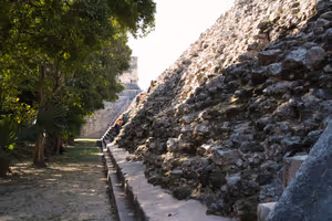 Workers clean off the temple.