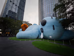 We felt dead like this giant stuffed toy, by the hotel in Shenzen